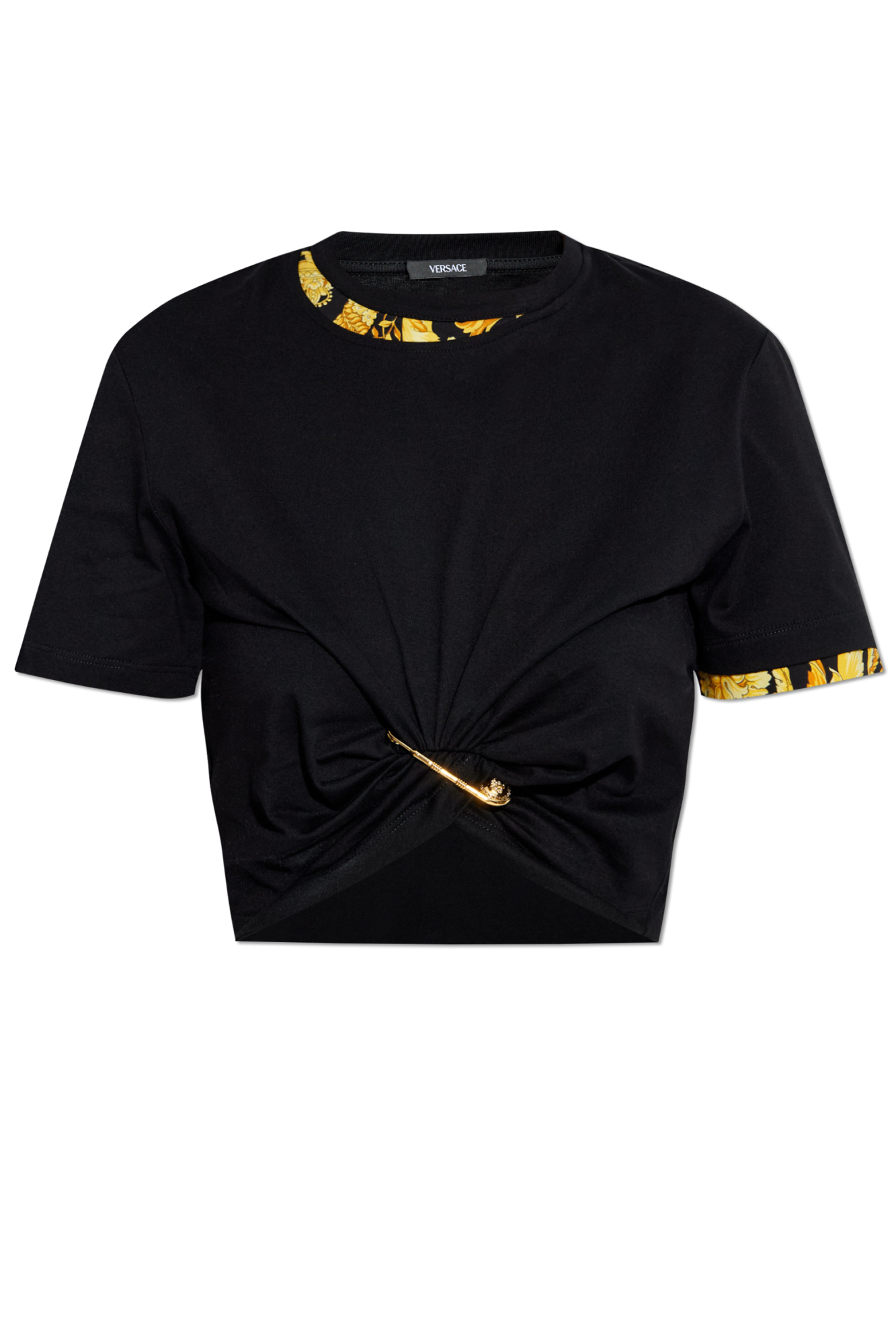 Tシャツ・カットソー VERSACE \"SAFETY PIN\" CURLED TOP Versace Safety Pin Cropped T-shirt | Neutrals | FARFETCH